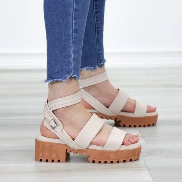 Nude Strappy Chunky Heel Sandal Faux Leather - Picture 4 of 12